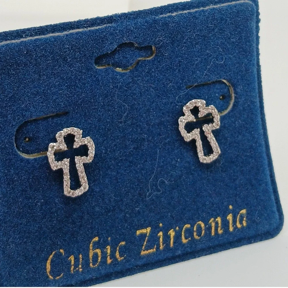Micro Pave Vintage 1990s Cubic Zirconia Cross Stud Earrings Silver Tone Rare New